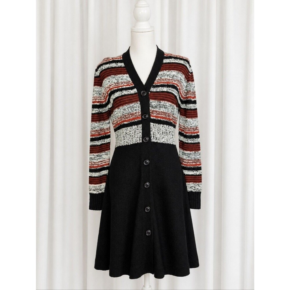 Vintage 70s International Boutique Black Rust Button Front Knit Sweater Dress